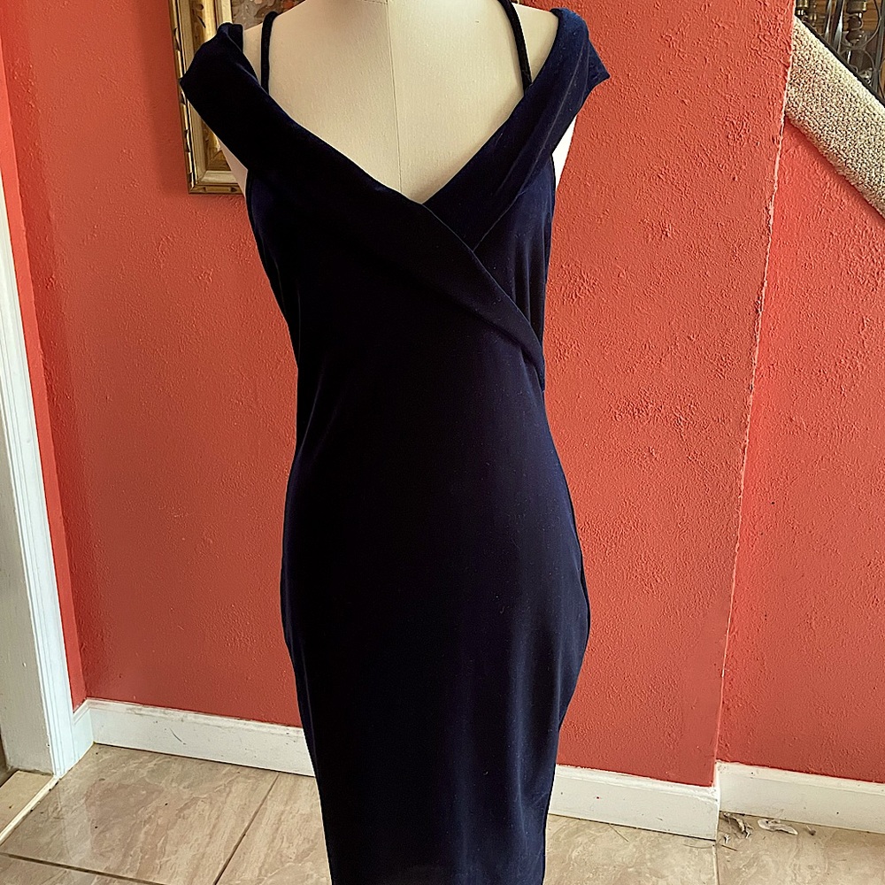 Navy blue velvet cocktail dress.